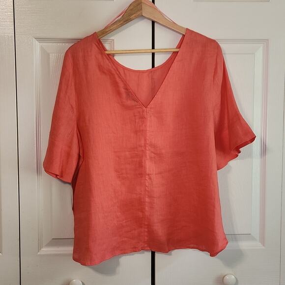 Antonio Melanie Women's Coral 100% Linen Bell 1/2 Sleeve Top Size LG NWT Luxury - Picture 2 of 9